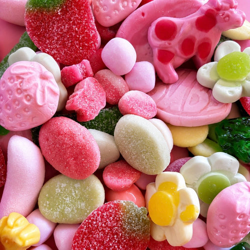 midsommar mix swedish candy assortment with strawberry gummies, frog candy, flower gummies, and cow candy, hand-packed in California
